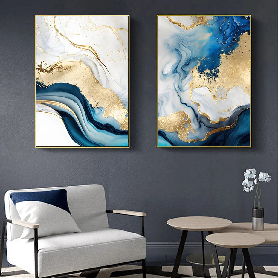 Modern Abstract Gold Blue Marble Wall Art Posters Canvas Painting Prints Pictures Bedroom Living Room Interior Home Decoration