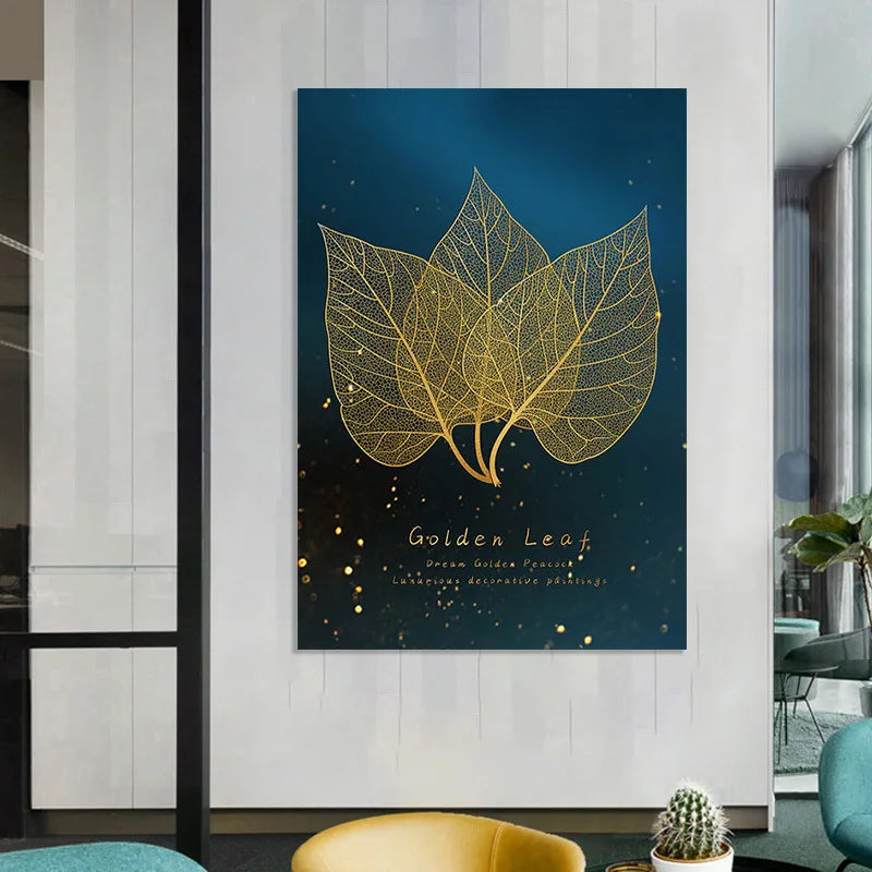 Decorative Painting Gold Peacock Leaf Wall Art Canvas Painting Light Luxury Waterproof Poster Print Wall Art Living Room