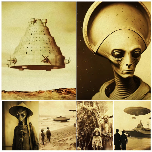 Aliens And Alien Spacecraft Vintage Photographic Art Poster And Print Mysterious Ufo Ai Art Print Wall Art Canvas Painting Decor