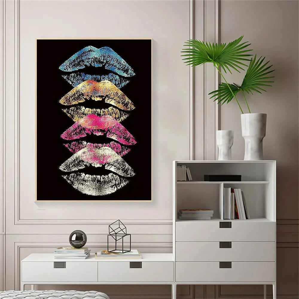 Modern Colorful Lipprint Black Wall Poster Canvas Painting Abstract Lip Wall Art Painting Printmaking Living Room Home Pictures