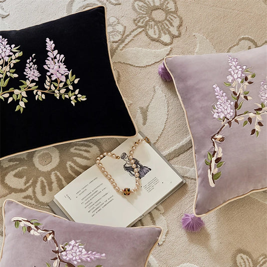 Wisteria Pillow Cushion Cover Antique Atmosphere Sofa Decorative Cushion Black Retro Room Decor Bedside Pillow Waist Pillowcase