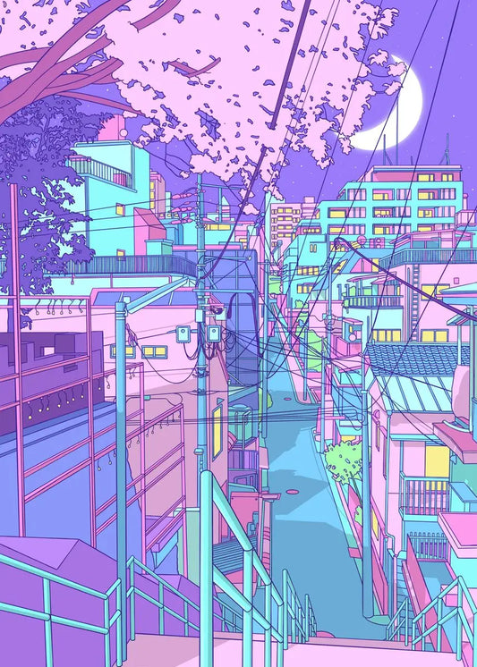 80S Neon City Street Vaporwave Canvas Poster Korean Street Moon Anime Decorative Painting Wall Art Prints Kids Kawaii Room Decor