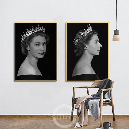 Queen Elizabeth II Portrait Poster British Queen Canvas Painting Black And White Print Wall Art Picture Living Room Home Decor