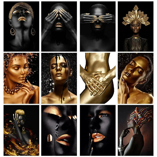 Modern Pop Wall Art African Black and Gold Woman Fashion HD Canvas Poster Prints Home Bedroom Living Room Decoration Gifts