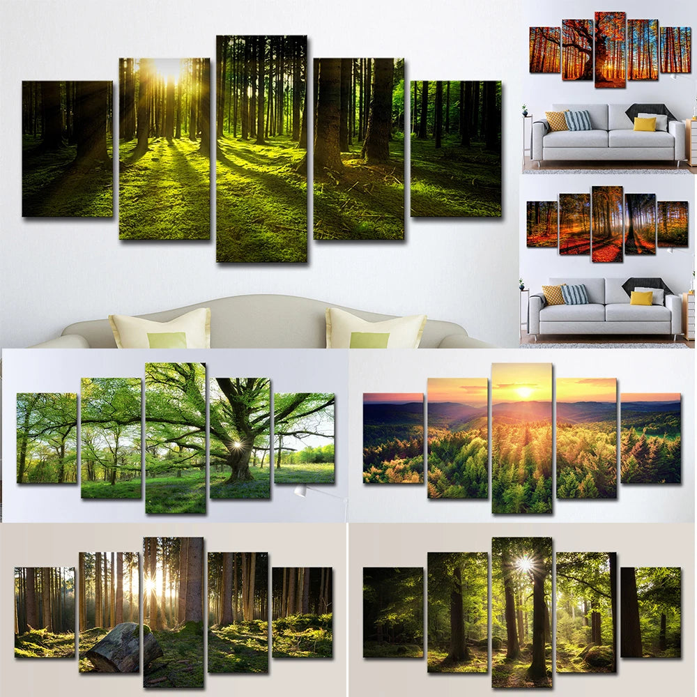 5 Panel Morning Sun Through the Forest HD Pictures Canvas Painting Natural Landscape Posters Sunny for Living Room Decoration