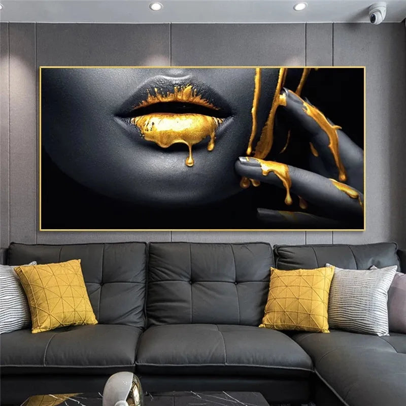 Portrait Figure Painting Wall art Black Africa Woman Golden Lip Canvas Posters and Prints Wall Art Picture for Living Room