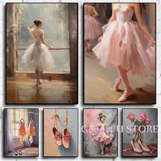 Vintage Graffiti Pink Ballerina Ballet Shoes & Dress Girl Dancer Preppy Poster Canvas Painting Wall Art Pictures Home Decor