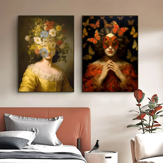 Butterfly Flower Woman Poster Print Vintage Portrait Canvas Painting Abstract Wall Art Picture for Living Room Home Decoration