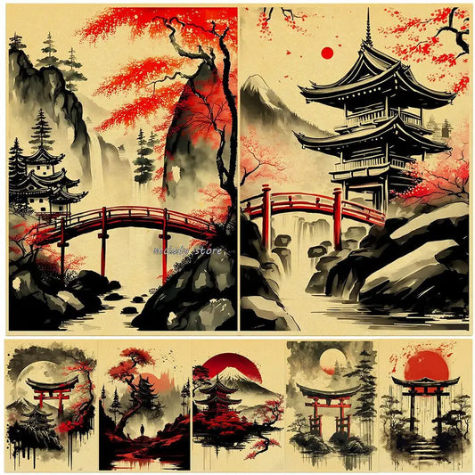 Japanese Natural Landscape Mountain Temple Canvas Painting Red Black Posters Vintage Ink Art Wall Prints for Room Home Decor