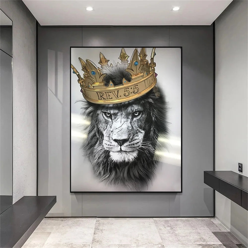 Modern Animal Lion With Golden Crown Canvas Painting Abstract Posters Prints Wall Art Pictures For Living Room Home Decoration