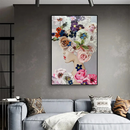 Flower Head Woman Art Painting Poster Color Flower Wall Art Canvas Painting Floral Textured Print Wall Art Room Home Decoration