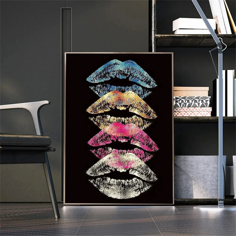 Modern Colorful Lipprint Black Wall Poster Canvas Painting Abstract Lip Wall Art Painting Printmaking Living Room Home Pictures