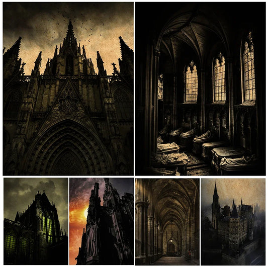 Mysterious Castle Church Architecture Vintage Wall Art, Canvas Painting, The Ruined Dark Old Castle Art Poster and Print Decor