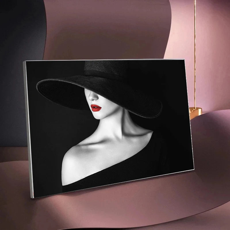 Fashion Women Black Hat Sexy Red Lip Rose Wall Art Poster Canvas Painting Modern Art Picture for Living Room Home Decor Cuadros