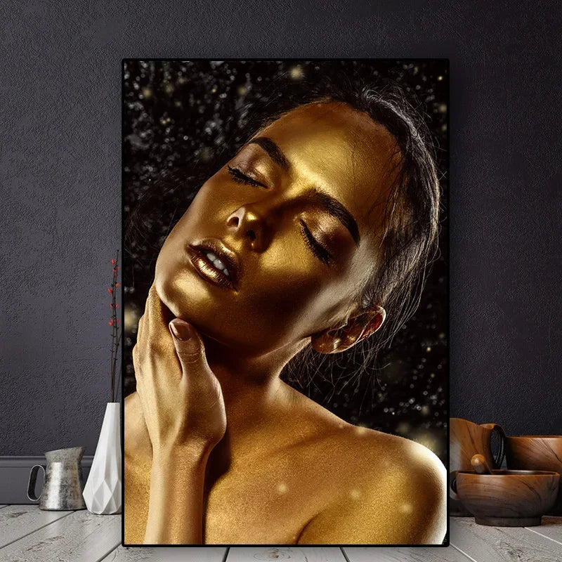 Modern Pop Wall Art African Black and Gold Woman Fashion HD Canvas Poster Prints Home Bedroom Living Room Decoration Gifts