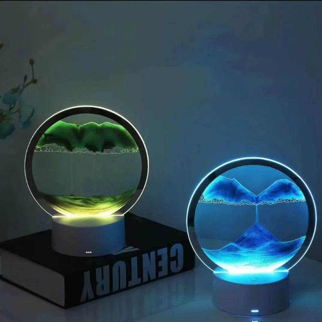 3D Moving Sand Art Picture Round Glass Hourglass Night Light Bedside Lamp LED Flowing Sand Painting Table Lamp Home Ornaments