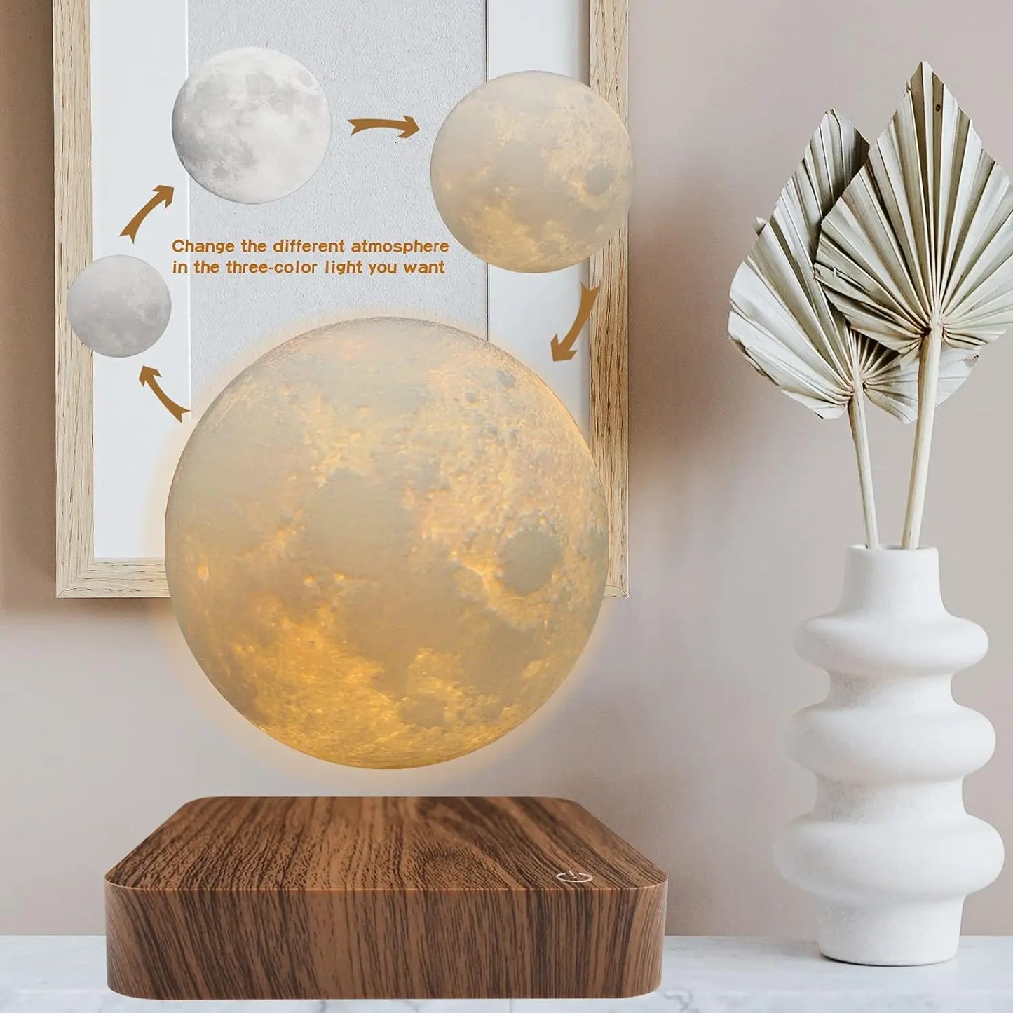 Levitating Moon Magnetic Floating Night Light, Creative Table 3D Printed LED Lamp with Wooden Base for Gift Office Bedroom Home