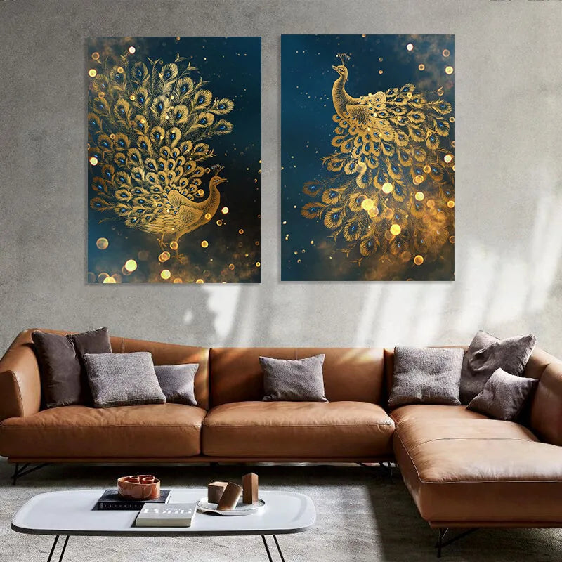 Decorative Painting Gold Peacock Leaf Wall Art Canvas Painting Light Luxury Waterproof Poster Print Wall Art Living Room